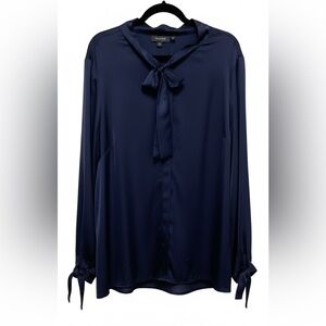 ModCloth Midnight Blue Bow Tie Neck Blouse Office Professional Blouse 3636
